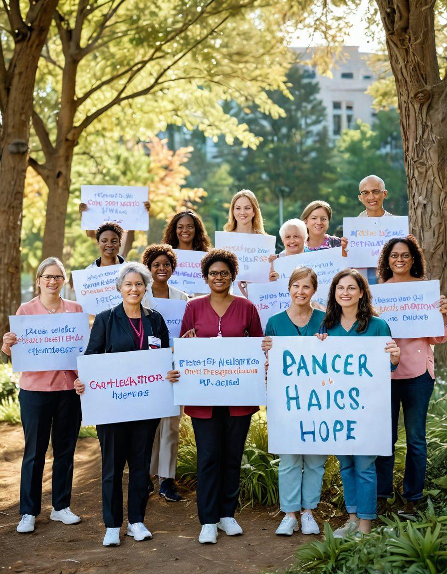 A diverse group of passionate patient advocates standing together, holding colorful banners with messages of hope and support for cancer patients. In the background, a hospital setting subtly blending with nature, symbolizing healing and wellness. Soft light illuminating their faces, showcasing determination and empathy. A gentle breeze rustling through the trees, adding a sense of calm and unity. warm tones, vibrant colors, photo-realistic.