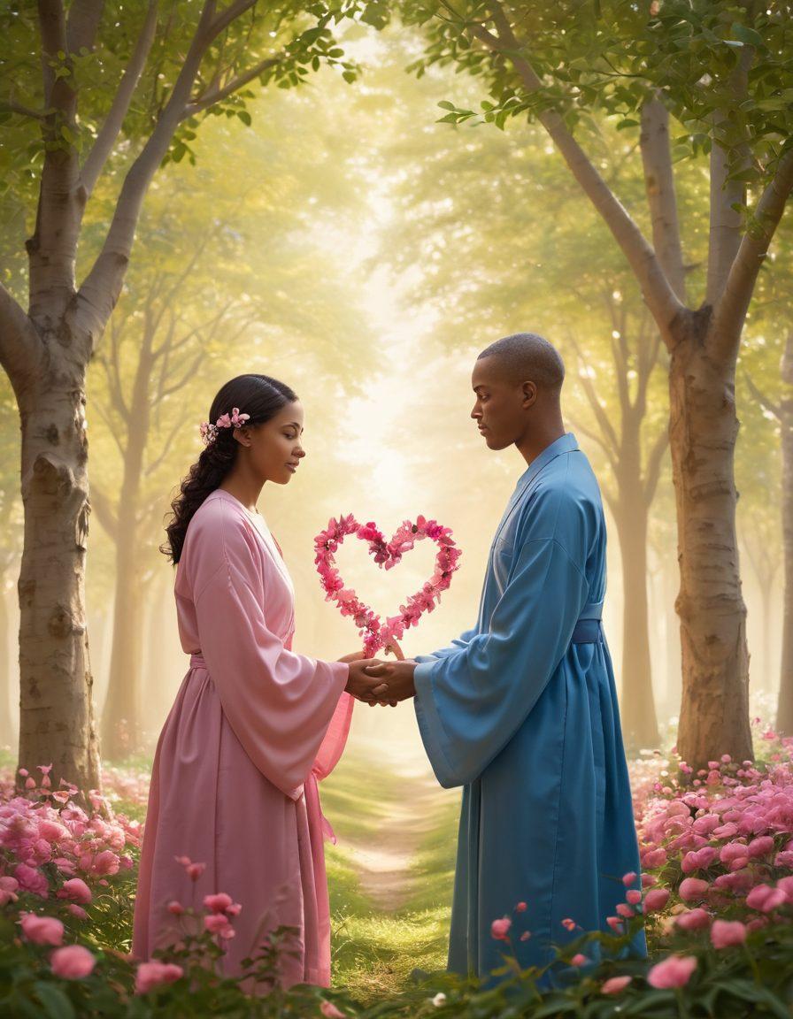 A serene scene depicting diverse individuals coming together, sharing stories and knowledge about cancer awareness, in a supportive and open environment. Incorporate elements of strength, compassion, and healing, with symbols of love and support like ribbons and hearts. The background should feature soft, calming colors and natural elements like trees and flowers to emphasize growth and solidarity. Soft light filtering through leaves to create a hopeful atmosphere. vibrant colors. soft background.